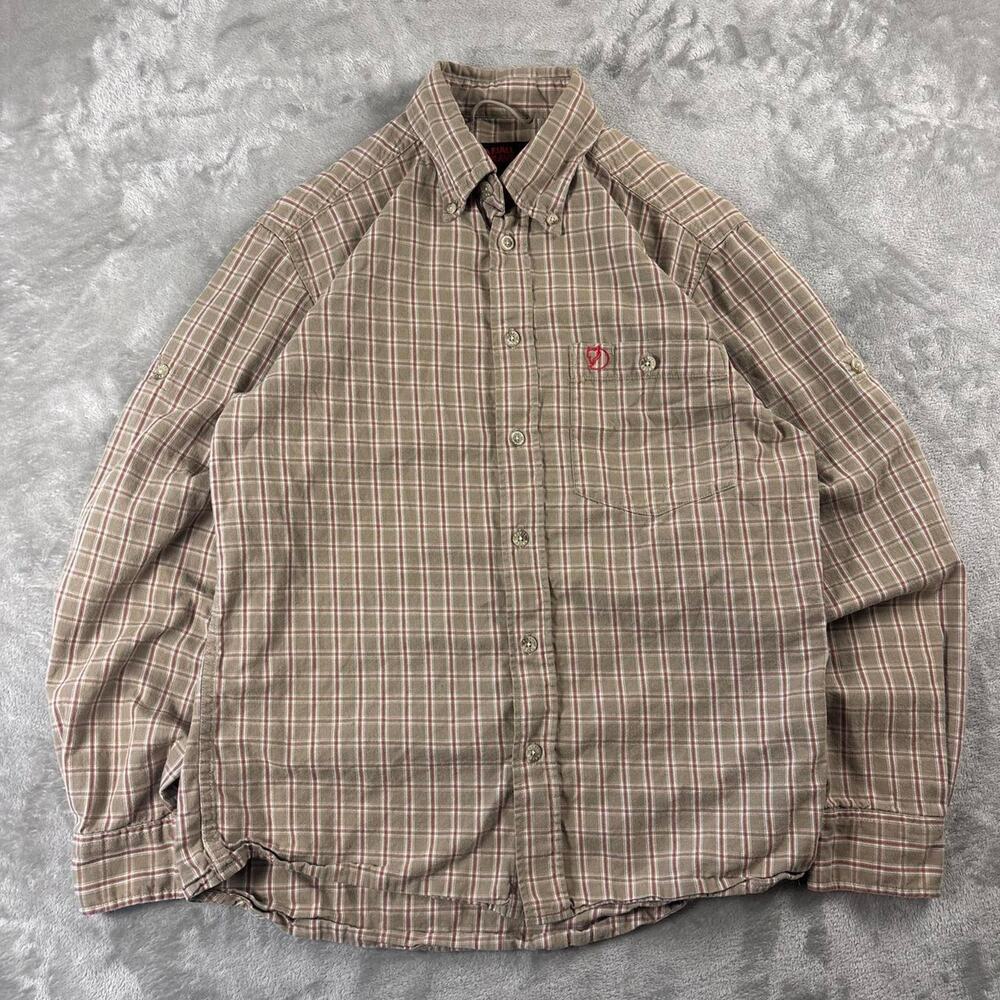 Vintage Fjallraven Shirt Mens Small Beige Plaid Button Up Outdoor Hiking 2000s
